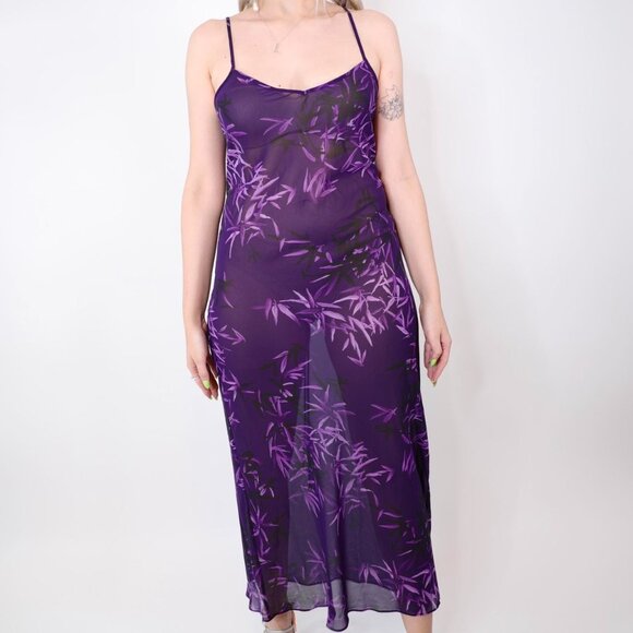 CALVIN KLEIN PURPLE BAMBOO LEAVES SHEER NIGHTGOWN - Picture 2 of 6